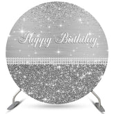 Toile de fond de joyeux anniversaire de cercle de paillettes gris argenté